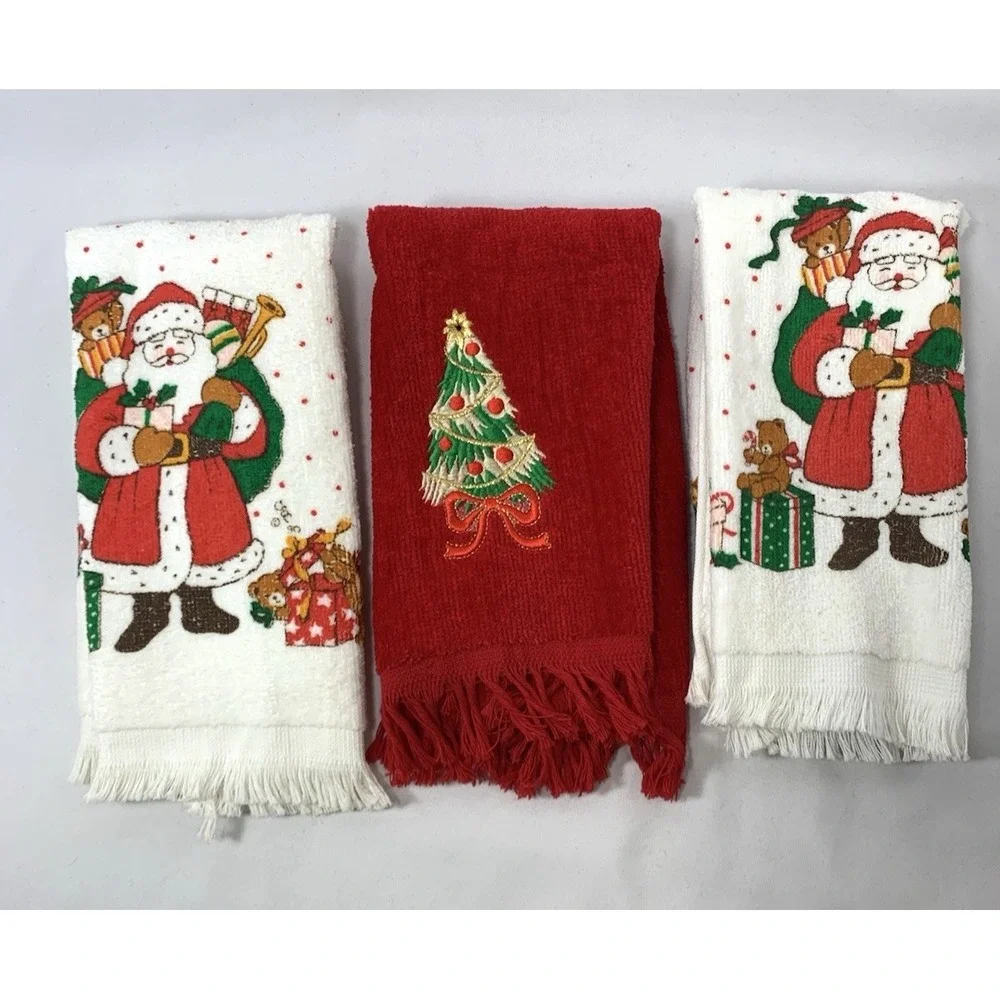 Christmas Towels Fingertip Hand Vintage Santa 100% Cotton Velour Terry Set of‎ 3